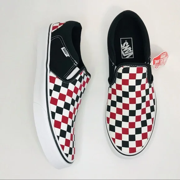 New! Vans Asher Men’s Skate Shoes Chili Pepper Black Check Slip On Sneakers - Picture 5 of 13